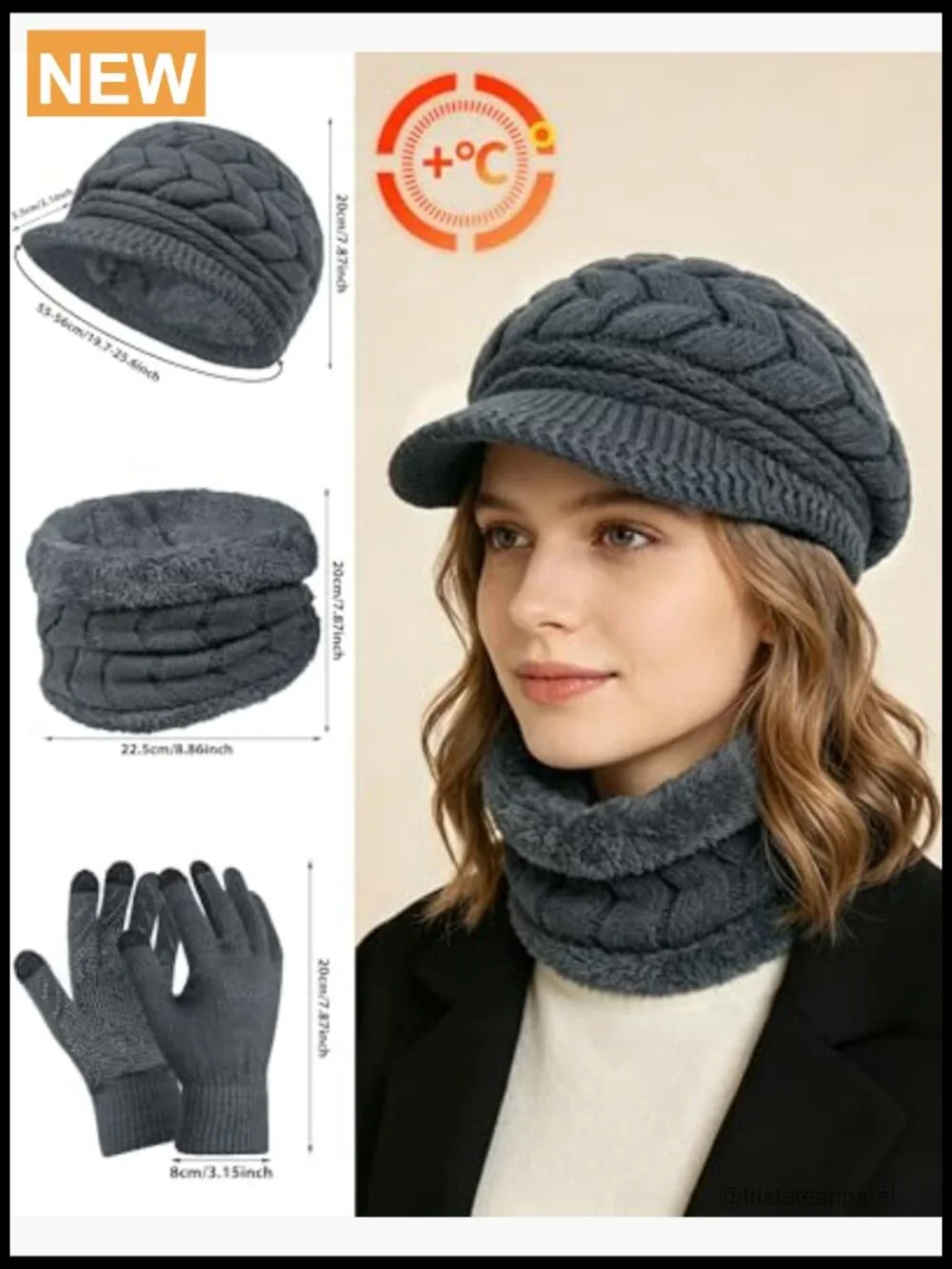 3-Piece Knit Hat Gloves Scarf Set Touch Screen Mittens Winter Beanie Neck Warmer